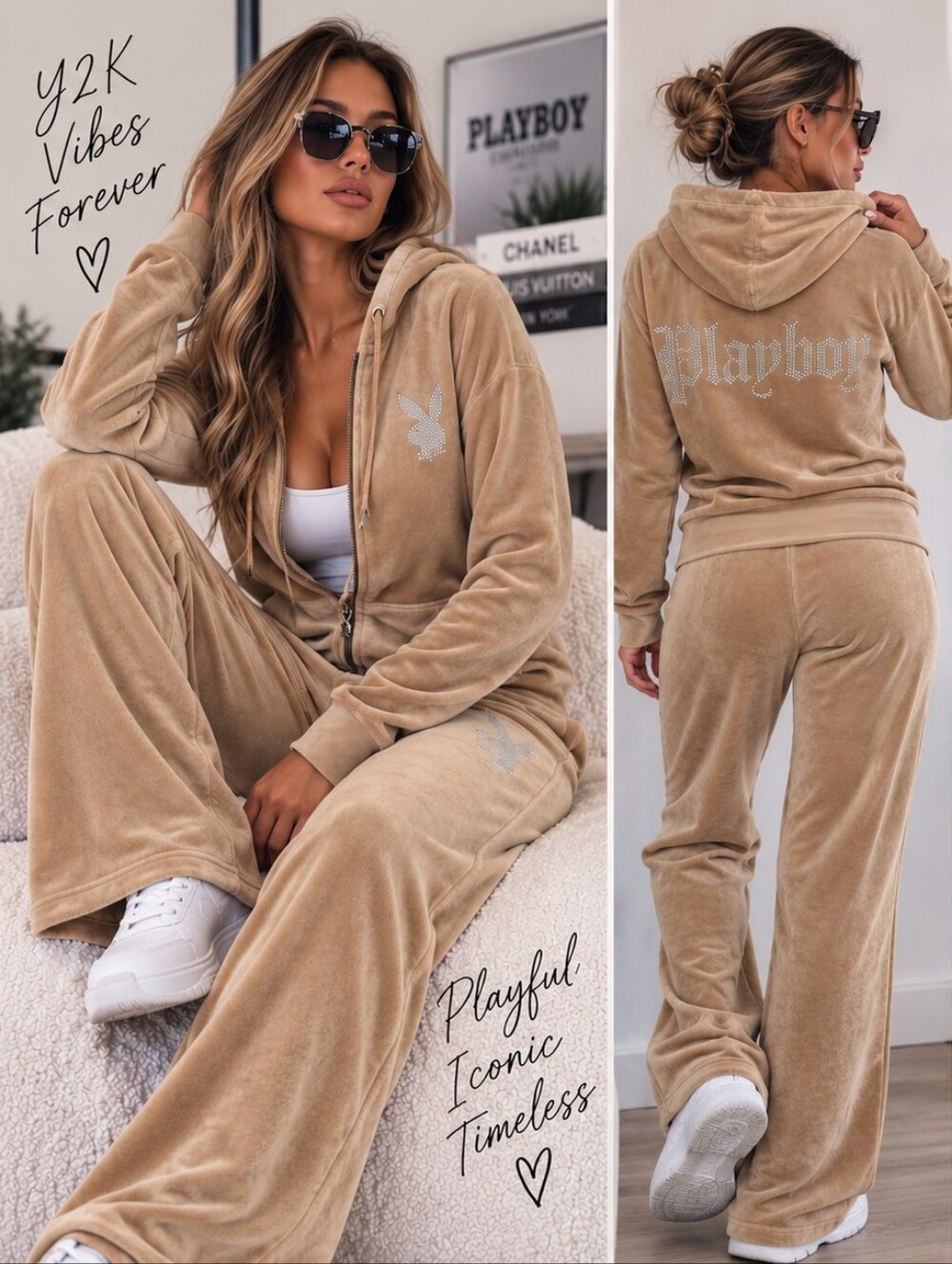 Vintage Playboy Velour Tracksuit Set XL Tan Rhinestone Bunny Y2K